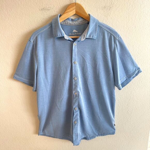 TOMMY BAHAMA Blue Edgartown Polo Knit Button-Up Stretch Golf Shirt Mens Large - Picture 1 of 8